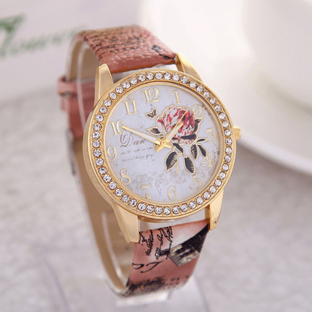 Vintage Idyllische Peony Bloemenpatroon Lederen Band Dames Quartz Horloge