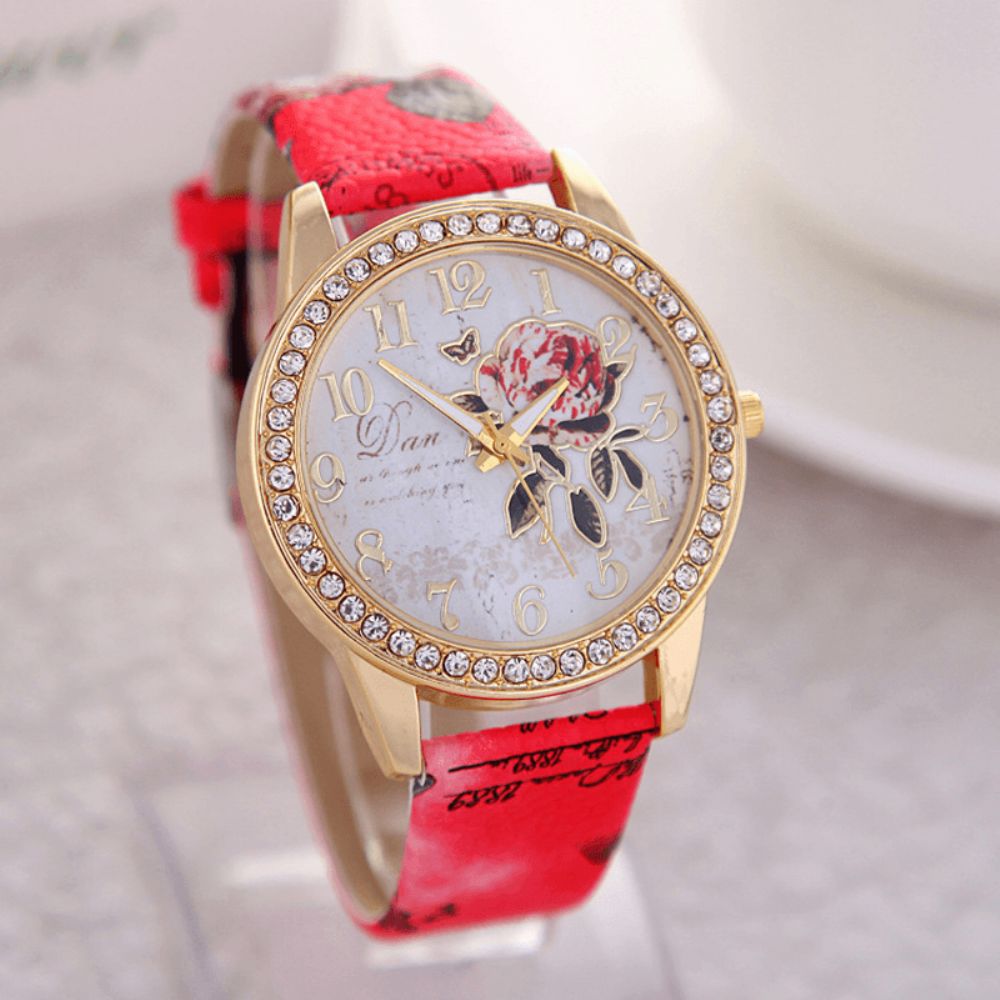 Vintage Idyllische Peony Bloemenpatroon Lederen Band Dames Quartz Horloge