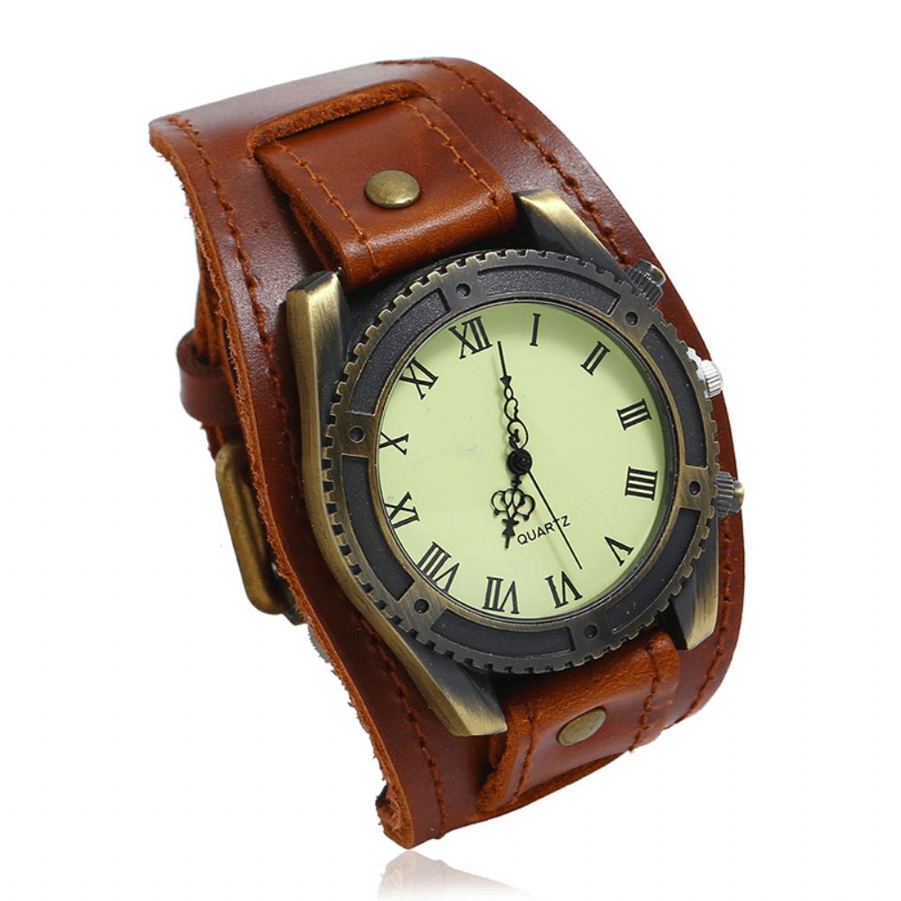 Vintage Koe Lederen Armband Horloge Verstelbare Band Romeinse Cijfers Heren Quartz Horloge