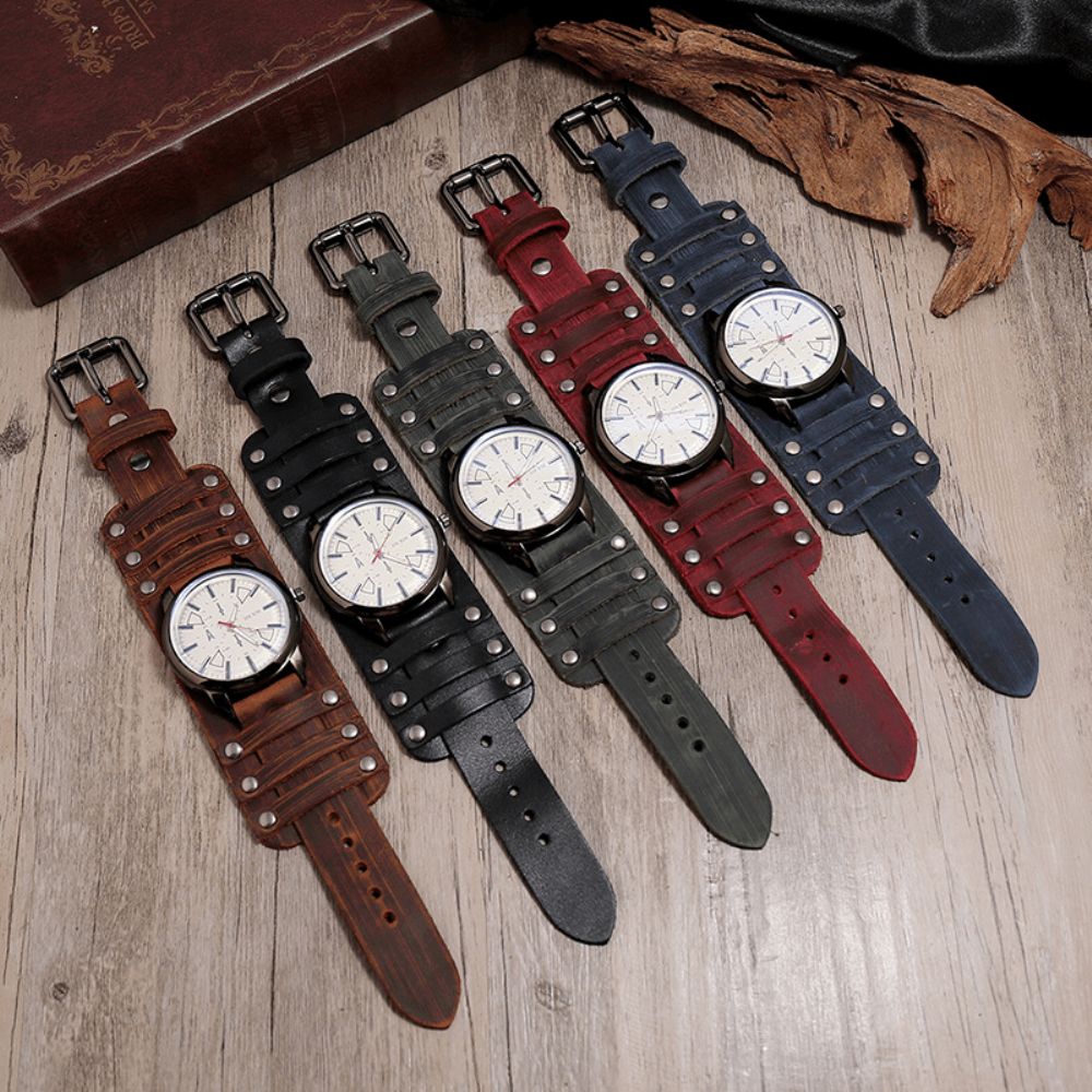 Vintage Koe Lederen Militaire Stijl Horloge Verstelbare Band Heren Quartz Horloge