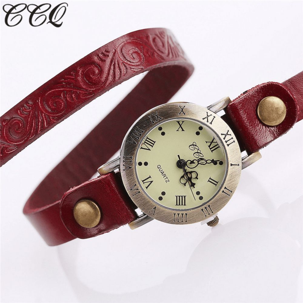 Vintage Retro Stijl Dames Quartz Horloge Koeienhuid Nicked Romeinse Cijfer Lederen Cirkel Polshorloge