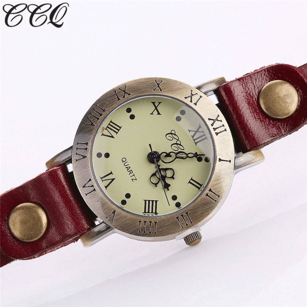 Vintage Retro Stijl Dames Quartz Horloge Koeienhuid Nicked Romeinse Cijfer Lederen Cirkel Polshorloge