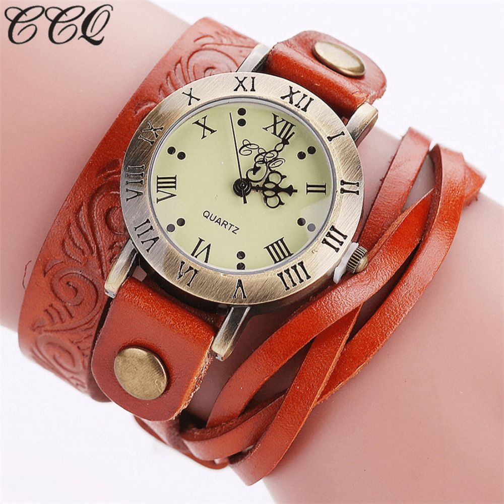 Vintage Retro Stijl Dames Quartz Horloge Koeienhuid Nicked Romeinse Cijfer Lederen Cirkel Polshorloge