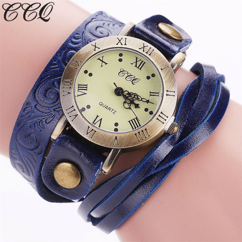 Vintage Retro Stijl Dames Quartz Horloge Koeienhuid Nicked Romeinse Cijfer Lederen Cirkel Polshorloge