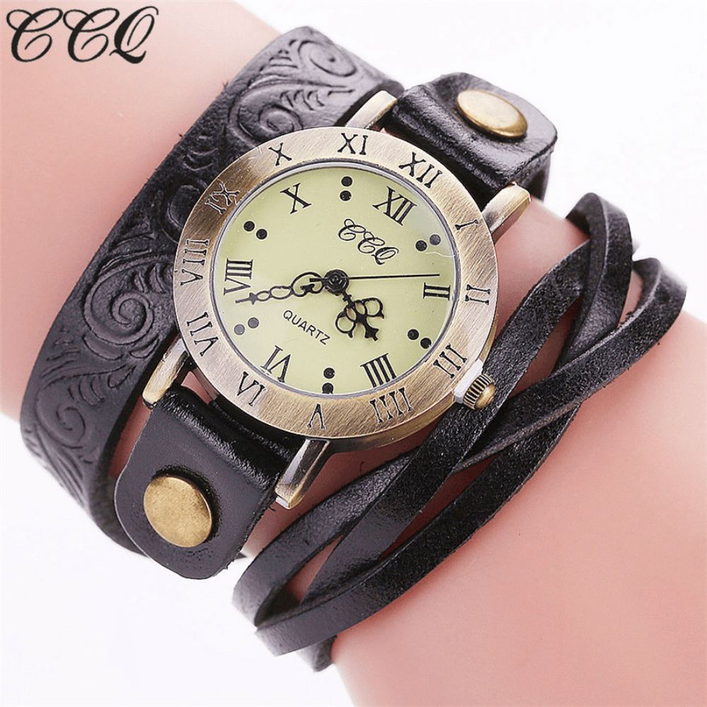 Vintage Retro Stijl Dames Quartz Horloge Koeienhuid Nicked Romeinse Cijfer Lederen Cirkel Polshorloge