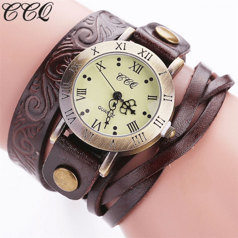 Vintage Retro Stijl Dames Quartz Horloge Koeienhuid Nicked Romeinse Cijfer Lederen Cirkel Polshorloge