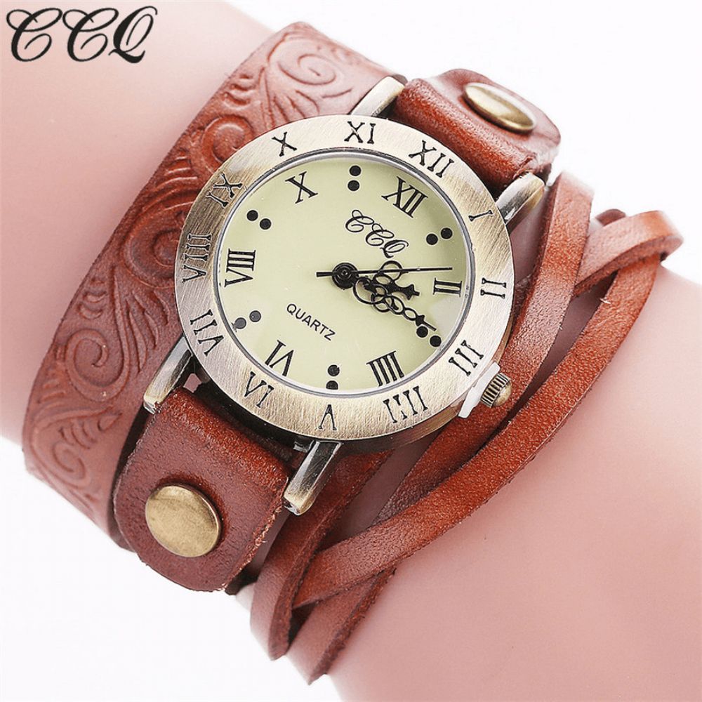 Vintage Retro Stijl Dames Quartz Horloge Koeienhuid Nicked Romeinse Cijfer Lederen Cirkel Polshorloge