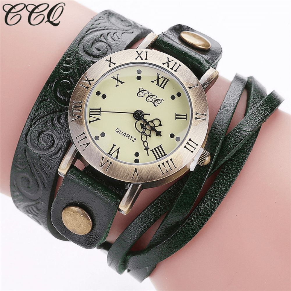 Vintage Retro Stijl Dames Quartz Horloge Koeienhuid Nicked Romeinse Cijfer Lederen Cirkel Polshorloge