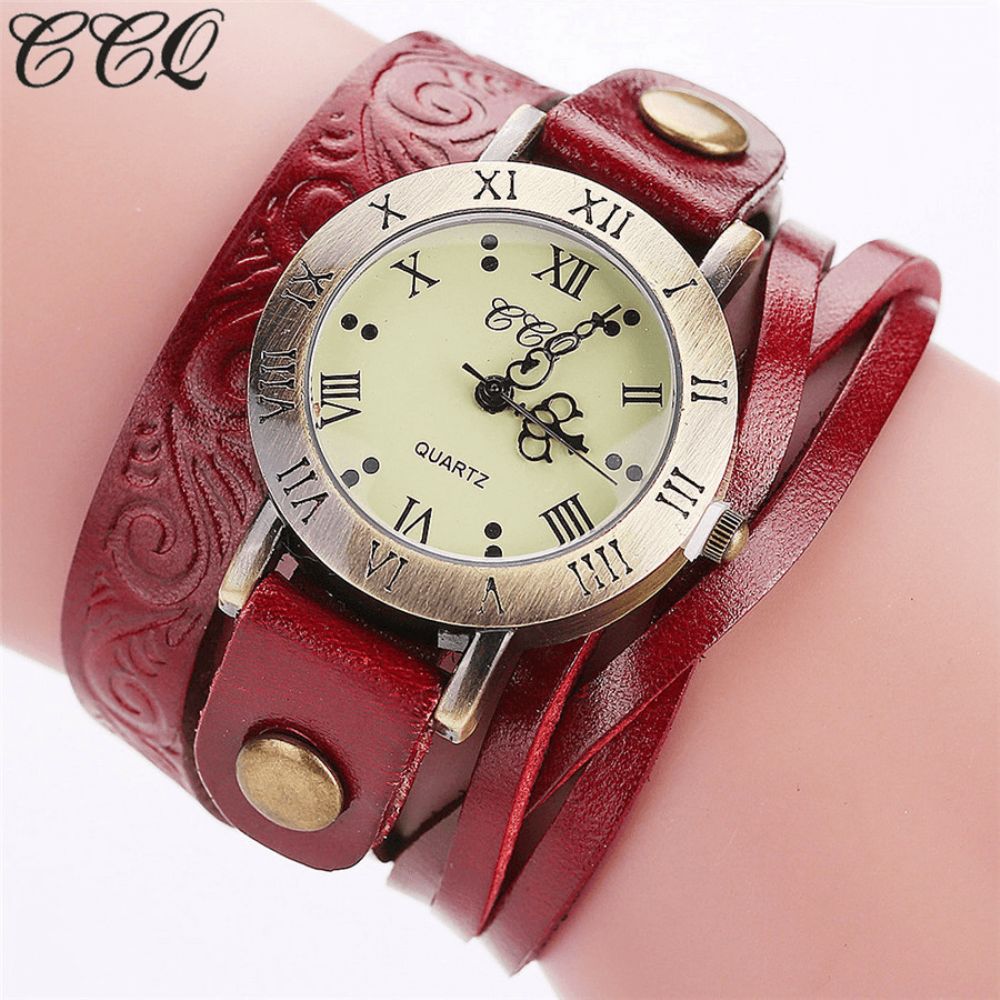 Vintage Retro Stijl Dames Quartz Horloge Koeienhuid Nicked Romeinse Cijfer Lederen Cirkel Polshorloge