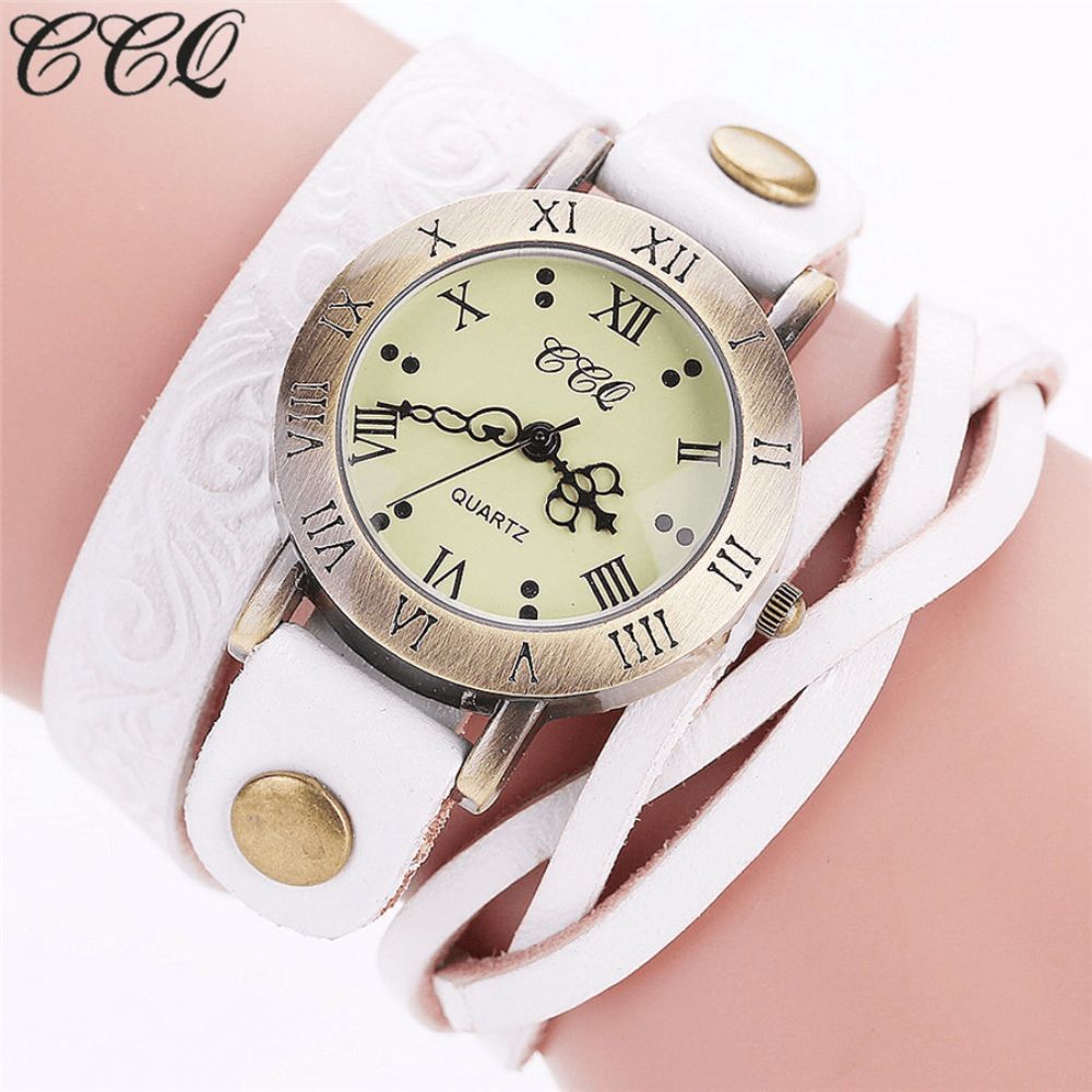 Vintage Retro Stijl Dames Quartz Horloge Koeienhuid Nicked Romeinse Cijfer Lederen Cirkel Polshorloge