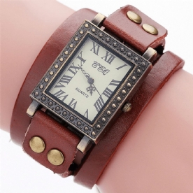 Vintage Retro Stijl Herenhorloge Rechthoekige Wijzerplaat Verstelbare Lederen Band Twee Sluiting Dames Quartz Horloge