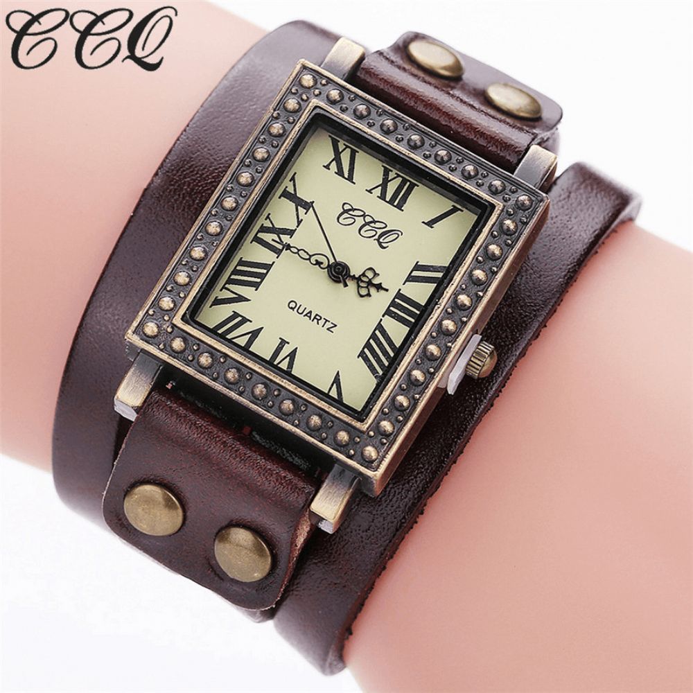 Vintage Retro Stijl Herenhorloge Rechthoekige Wijzerplaat Verstelbare Lederen Band Twee Sluiting Dames Quartz Horloge