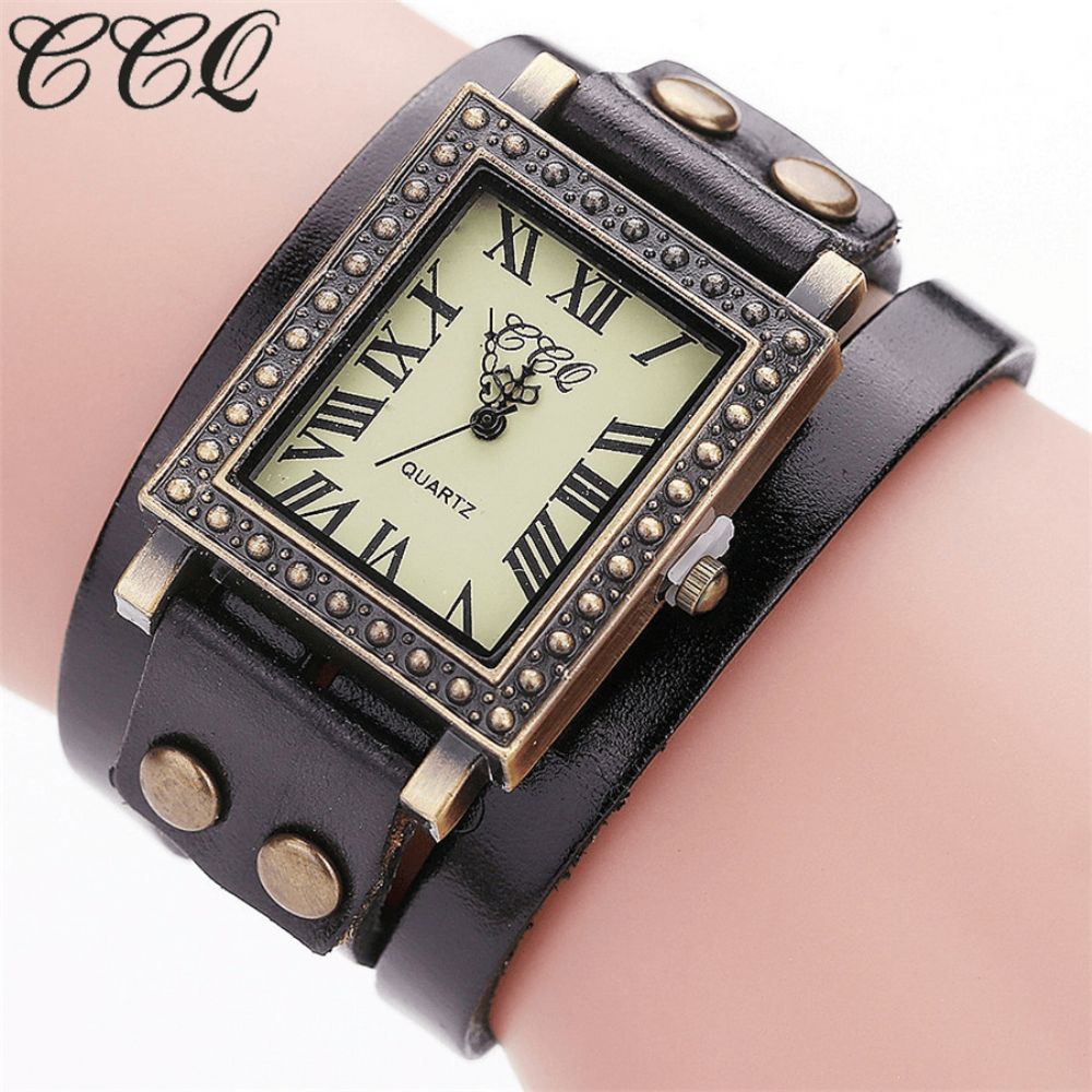 Vintage Retro Stijl Herenhorloge Rechthoekige Wijzerplaat Verstelbare Lederen Band Twee Sluiting Dames Quartz Horloge