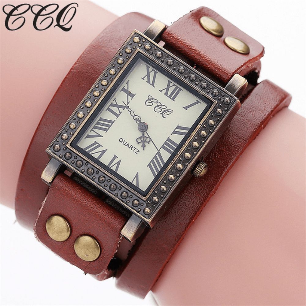 Vintage Retro Stijl Herenhorloge Rechthoekige Wijzerplaat Verstelbare Lederen Band Twee Sluiting Dames Quartz Horloge