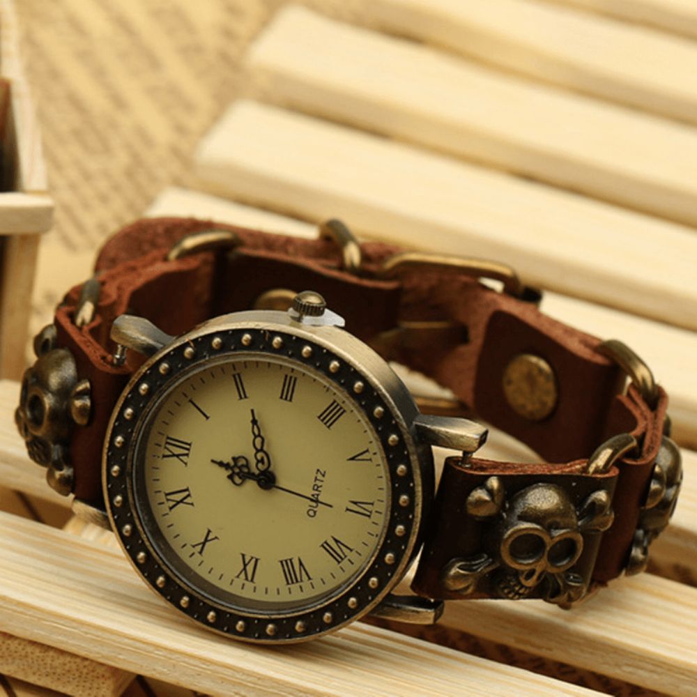 Vintage Retro Stijl Mannen Horloge Koe Lederen Armband Horloge Verstelbare Schedel Quartz Horloge