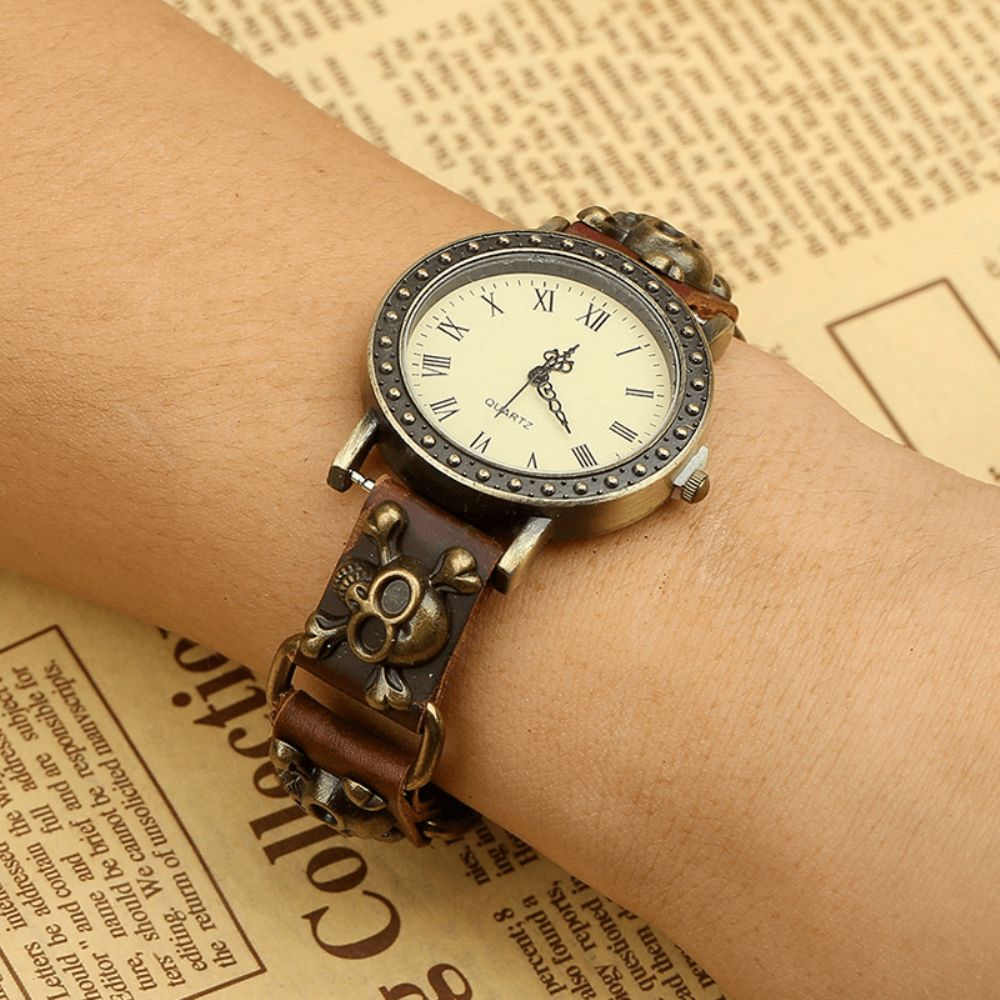 Vintage Retro Stijl Mannen Horloge Koe Lederen Armband Horloge Verstelbare Schedel Quartz Horloge