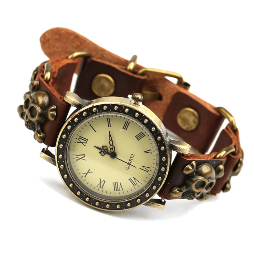 Vintage Retro Stijl Mannen Horloge Koe Lederen Armband Horloge Verstelbare Schedel Quartz Horloge