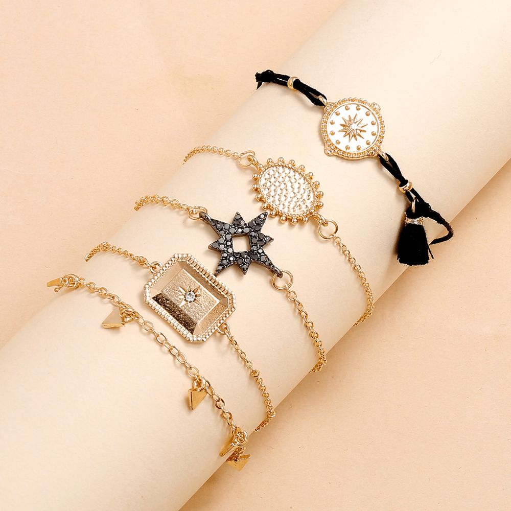 Vrouwen Mode Multi-Layer Armband Geometrische Diamanten Hexagon Kwastje Hanger Metalen Vierkante Driehoek Armband Set