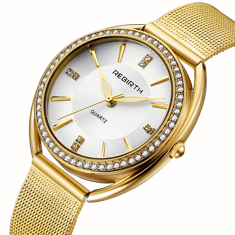 Wedergeboorte Re115 Diamond Dial Case Dames Polshorloge Volledig Staal Elegant Design Quartz Horloge