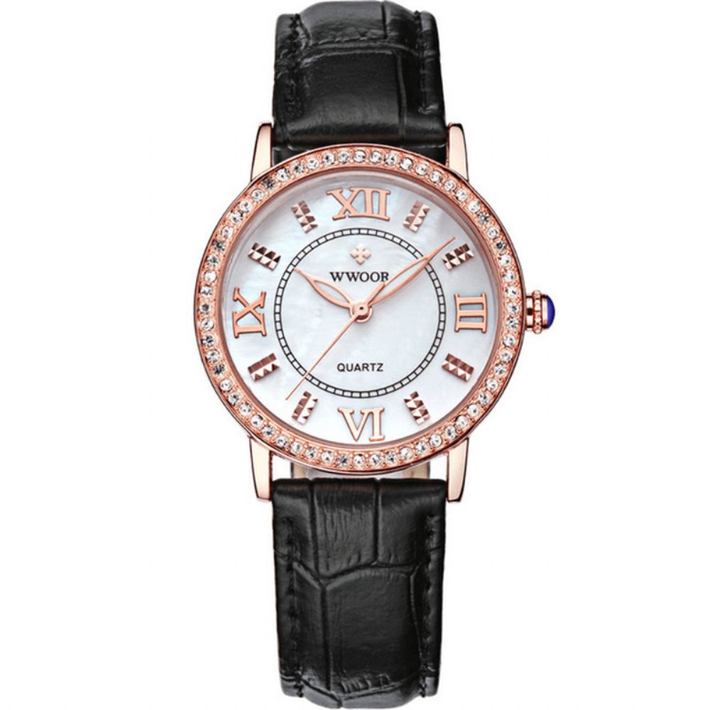 Wwoor 8807 Ultradunne Elegante Dames Polshorloge Lederen Band Quartz Horloges