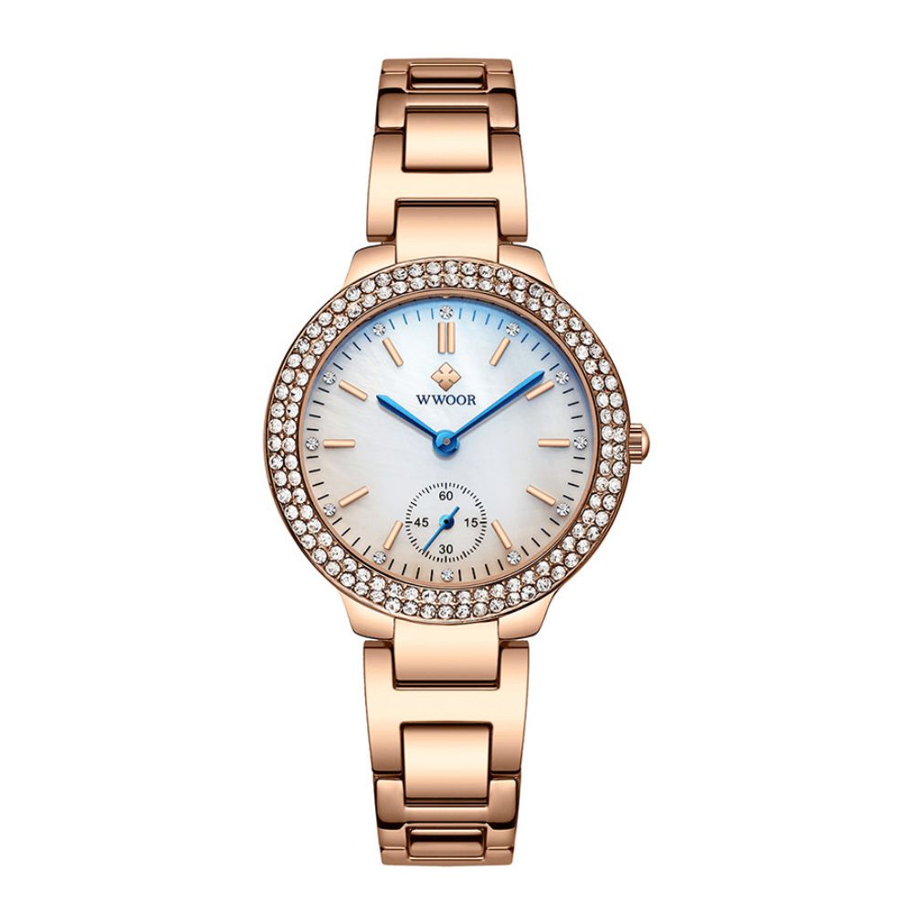 Wwoor 8854 Crystal Casual Stijl Dames Polshorloge Roestvrij Stalen Band Quartz Horloges