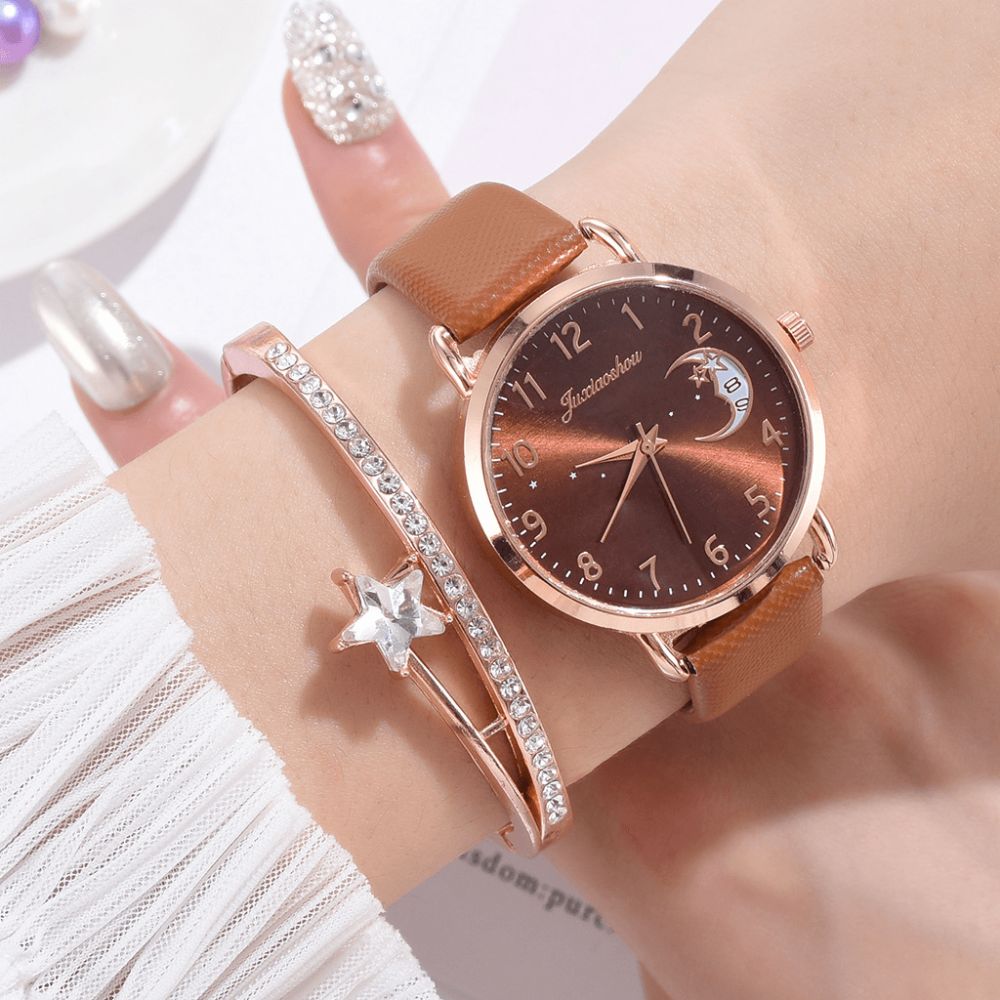 Xr4379 Elegante Luxe 2 Stuks Horloge Set Vrouwen Armband Quartz Horloge Moon Starry Dial Lederen Band Dames Gift