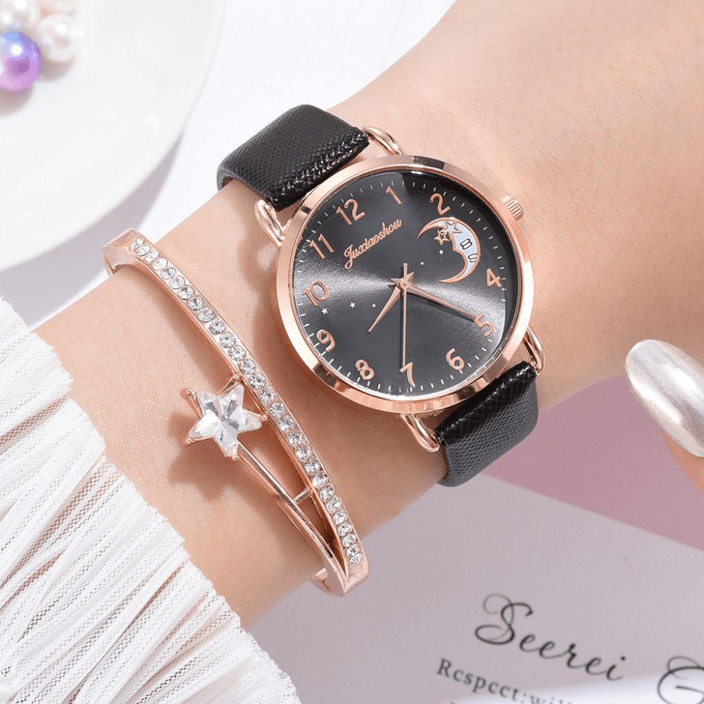 Xr4379 Elegante Luxe 2 Stuks Horloge Set Vrouwen Armband Quartz Horloge Moon Starry Dial Lederen Band Dames Gift