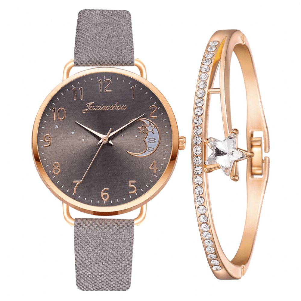 Xr4379 Elegante Luxe 2 Stuks Horloge Set Vrouwen Armband Quartz Horloge Moon Starry Dial Lederen Band Dames Gift