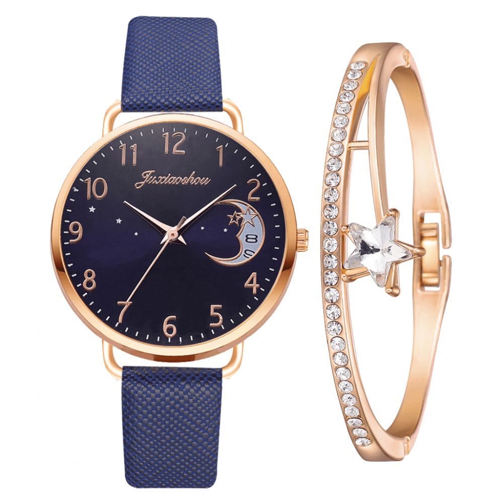 Xr4379 Elegante Luxe 2 Stuks Horloge Set Vrouwen Armband Quartz Horloge Moon Starry Dial Lederen Band Dames Gift