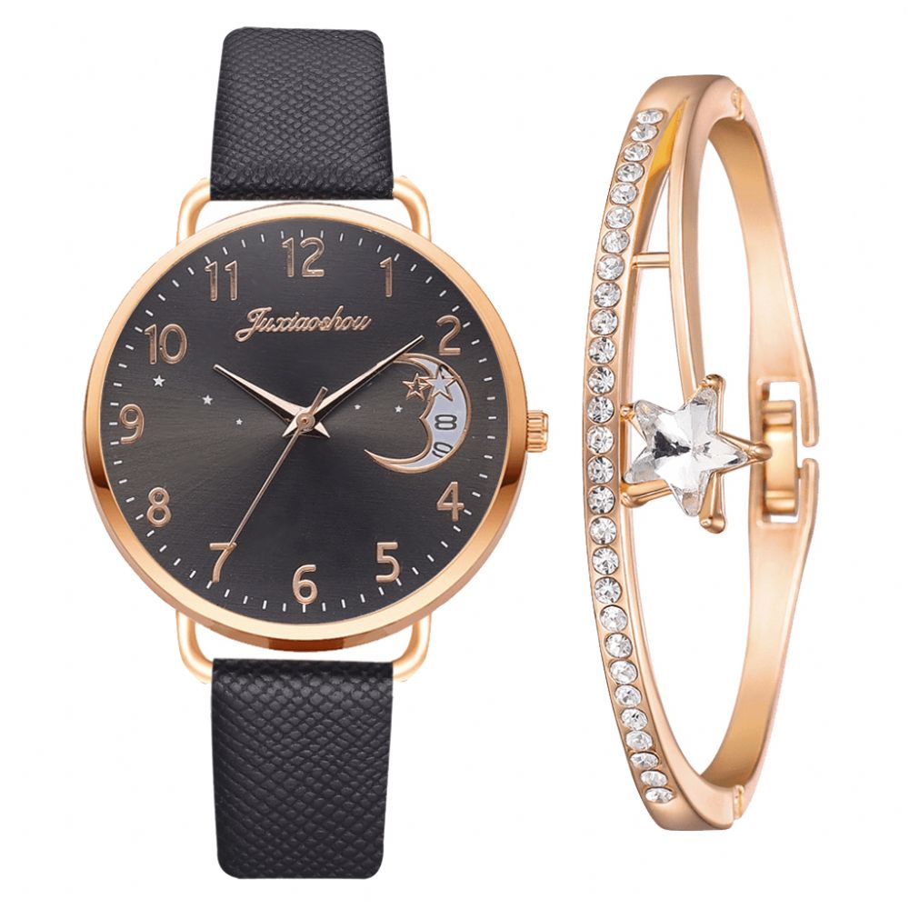 Xr4379 Elegante Luxe 2 Stuks Horloge Set Vrouwen Armband Quartz Horloge Moon Starry Dial Lederen Band Dames Gift