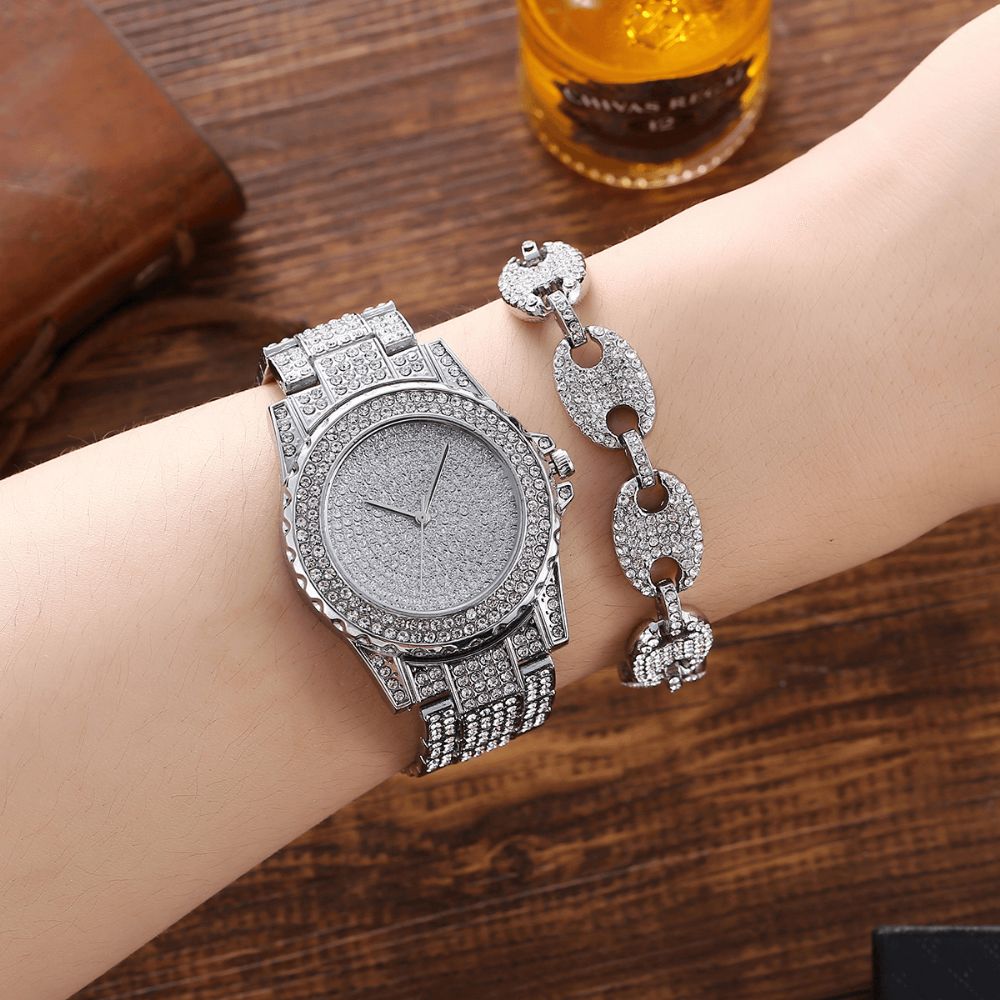 Xsvo 3 Stks Full Diamond Stalen Band Hip Hop Temperament Quartz Horloge Strass Armband Ketting Set: