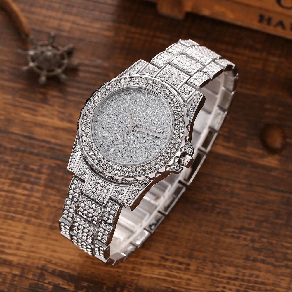 Xsvo 3 Stks Full Diamond Stalen Band Hip Hop Temperament Quartz Horloge Strass Armband Ketting Set: