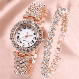 Xsvo Horloge Set Luxe Elegante Stijl Dames Quartz Horloge Met Diamanten Bezaaide Armband Moeders Vriendin Dames