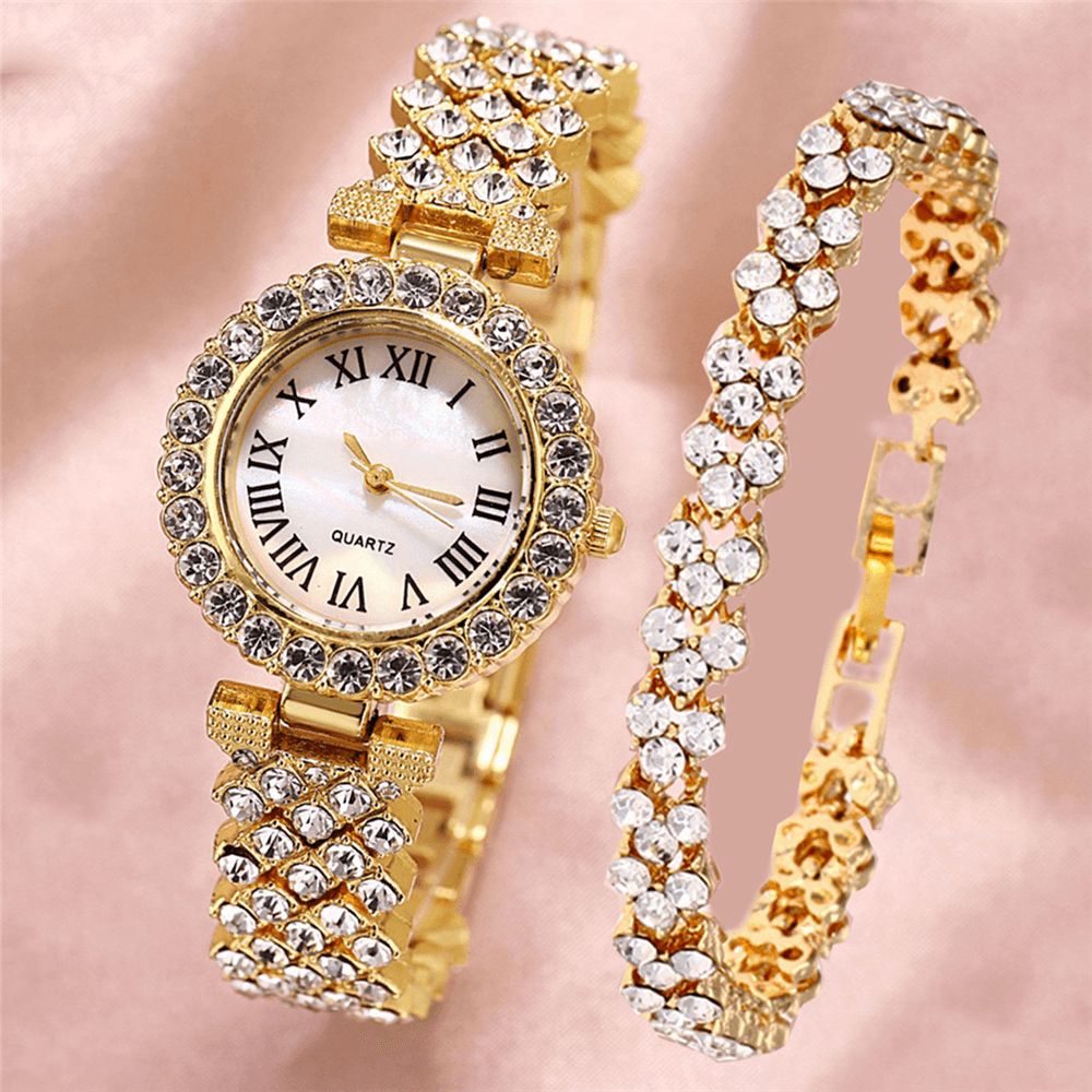 Xsvo Horloge Set Luxe Elegante Stijl Dames Quartz Horloge Met Diamanten Bezaaide Armband Moeders Vriendin Dames