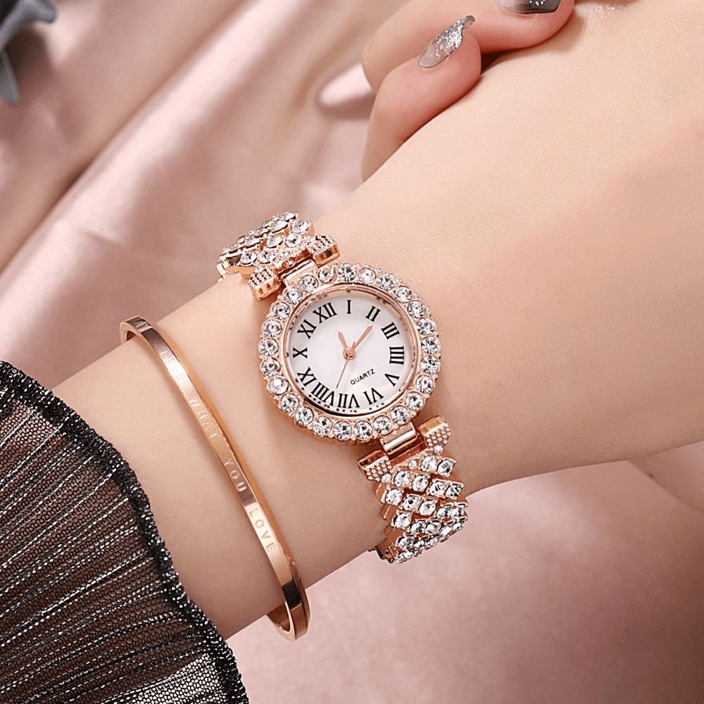 Xsvo Horloge Set Luxe Elegante Stijl Dames Quartz Horloge Met Diamanten Bezaaide Armband Moeders Vriendin Dames