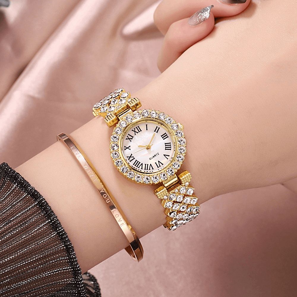 Xsvo Horloge Set Luxe Elegante Stijl Dames Quartz Horloge Met Diamanten Bezaaide Armband Moeders Vriendin Dames