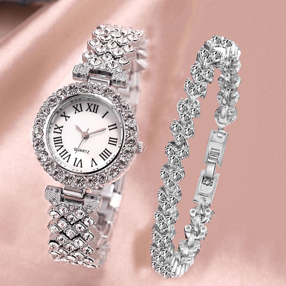 Xsvo Horloge Set Luxe Elegante Stijl Dames Quartz Horloge Met Diamanten Bezaaide Armband Moeders Vriendin Dames