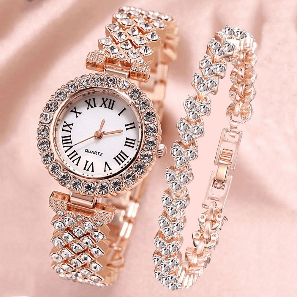 Xsvo Horloge Set Luxe Elegante Stijl Dames Quartz Horloge Met Diamanten Bezaaide Armband Moeders Vriendin Dames