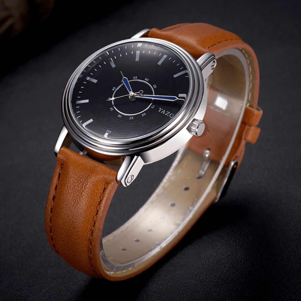 Yazole 305 Vrijetijdsstijl Lederen Band Quartz Horloge Ultra Dun Heren Polshorloge