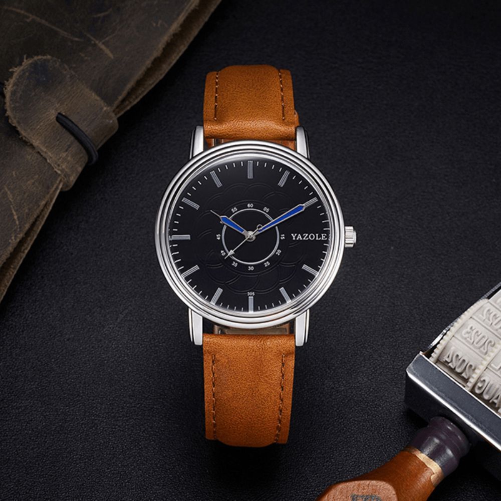 Yazole 305 Vrijetijdsstijl Lederen Band Quartz Horloge Ultra Dun Heren Polshorloge