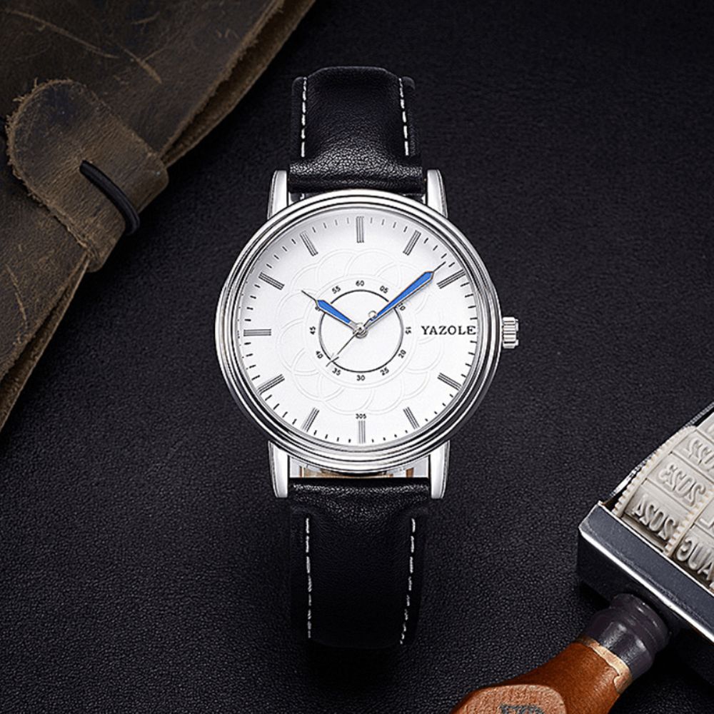 Yazole 305 Vrijetijdsstijl Lederen Band Quartz Horloge Ultra Dun Heren Polshorloge