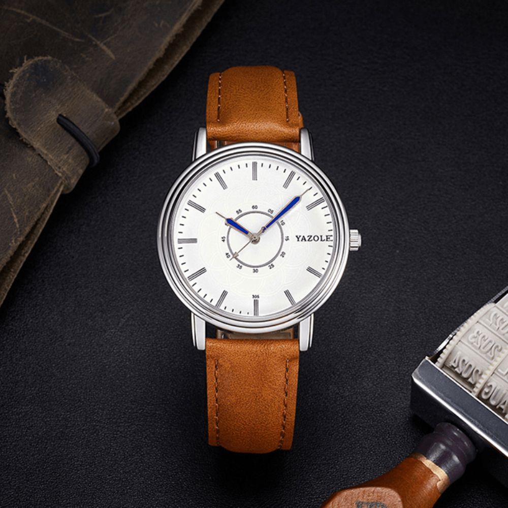 Yazole 305 Vrijetijdsstijl Lederen Band Quartz Horloge Ultra Dun Heren Polshorloge