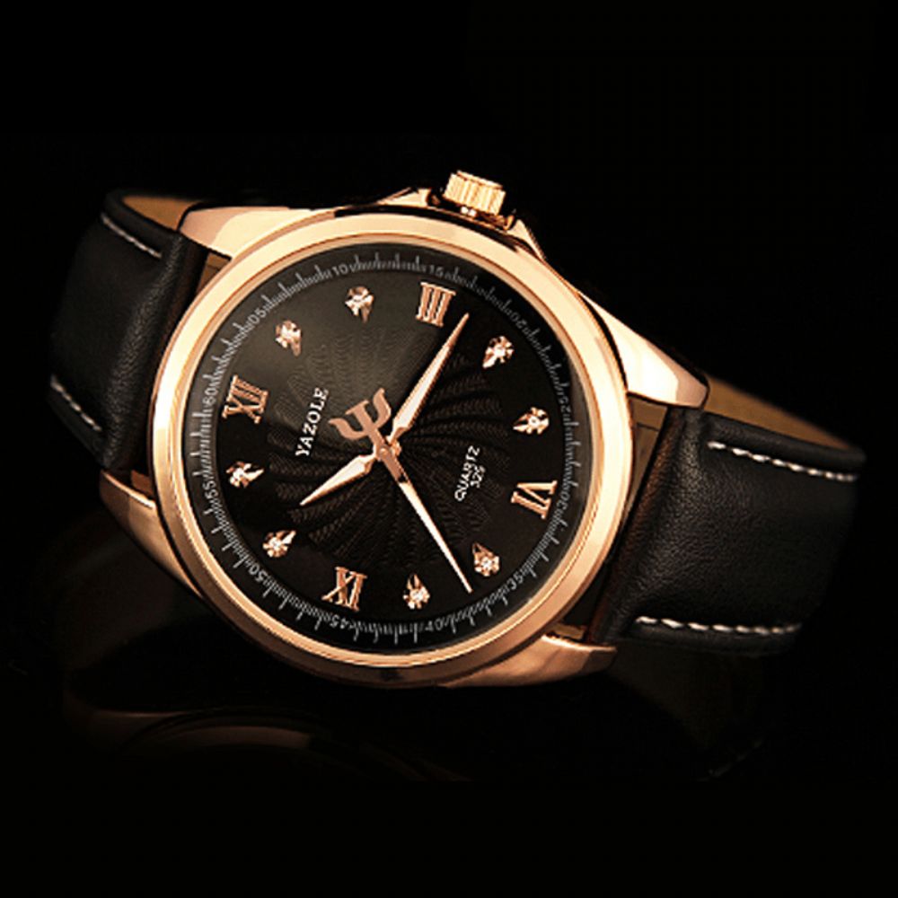 Yazole 325 Heren Kristal Rosé Gouden Kast Lederen Band Lichtgevende Display Quartz Horloge