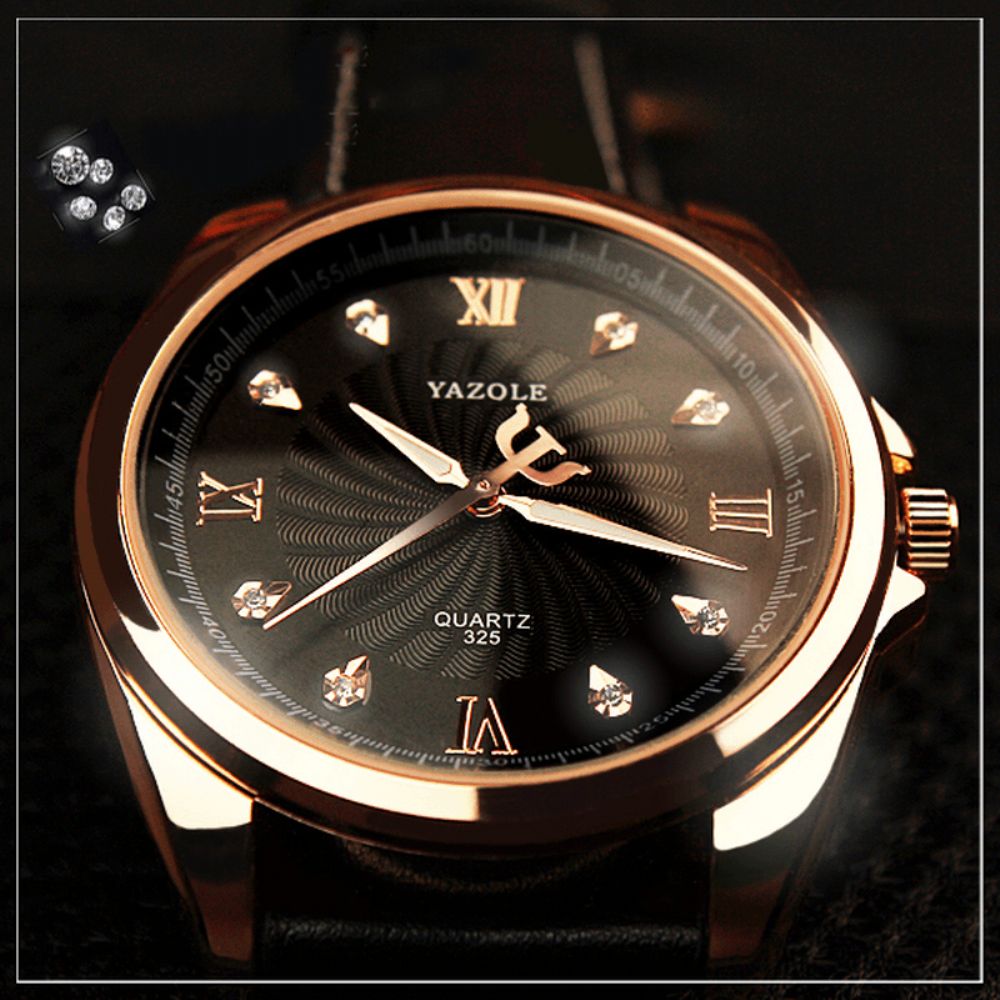 Yazole 325 Heren Kristal Rosé Gouden Kast Lederen Band Lichtgevende Display Quartz Horloge