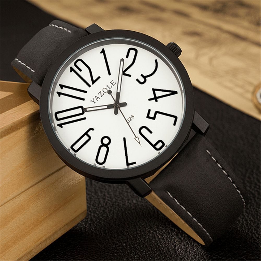 Yazole 326 Mode Casual Herenhorloge Grote Wijzerplaat 3Atm Waterdicht Lichtgevende Wijzers Lederen Band Quartz Horloge