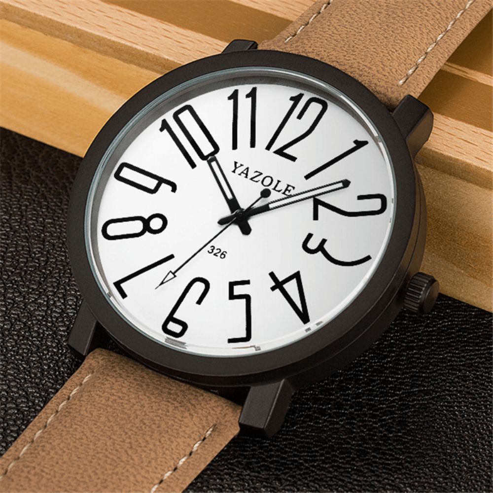 Yazole 326 Mode Casual Herenhorloge Grote Wijzerplaat 3Atm Waterdicht Lichtgevende Wijzers Lederen Band Quartz Horloge