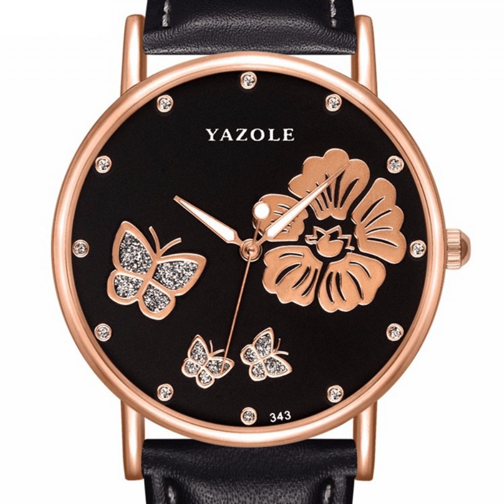 Yazole 343 Crystal Elegant Design Dames Polshorloge Lederen Band Quartz Horloge