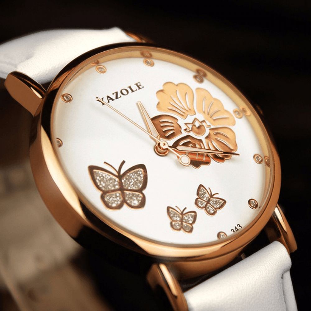 Yazole 343 Crystal Elegant Design Dames Polshorloge Lederen Band Quartz Horloge