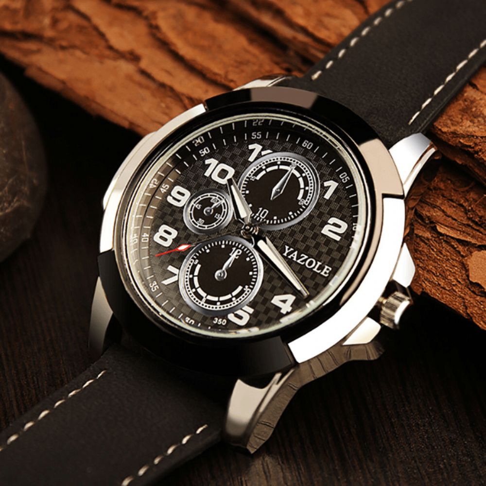 Yazole 350 Sport Casual Lichtgevende Display Pu Lederen Band Waterdicht Heren Quartz Horloge