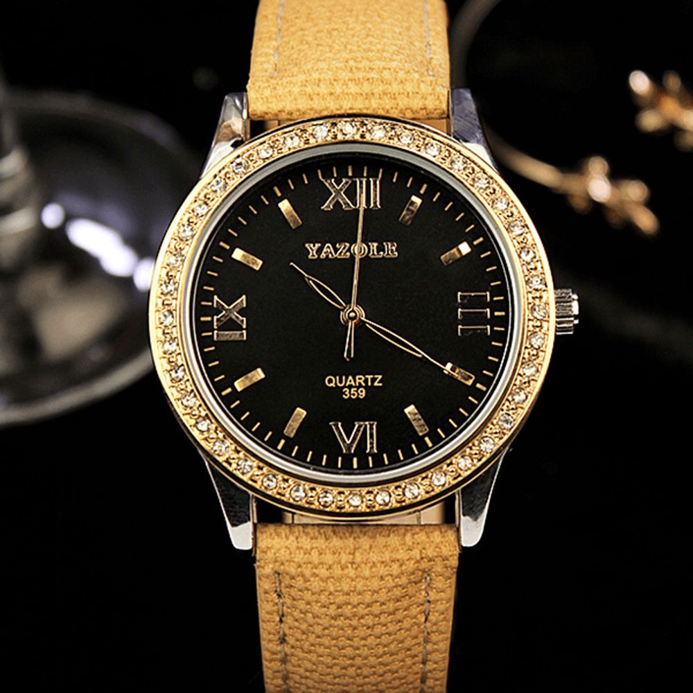 Yazole 359 Mode Dames Quartz Horloge Retro Crystal Gold Luxe Lederen Horloge Dameshorloge